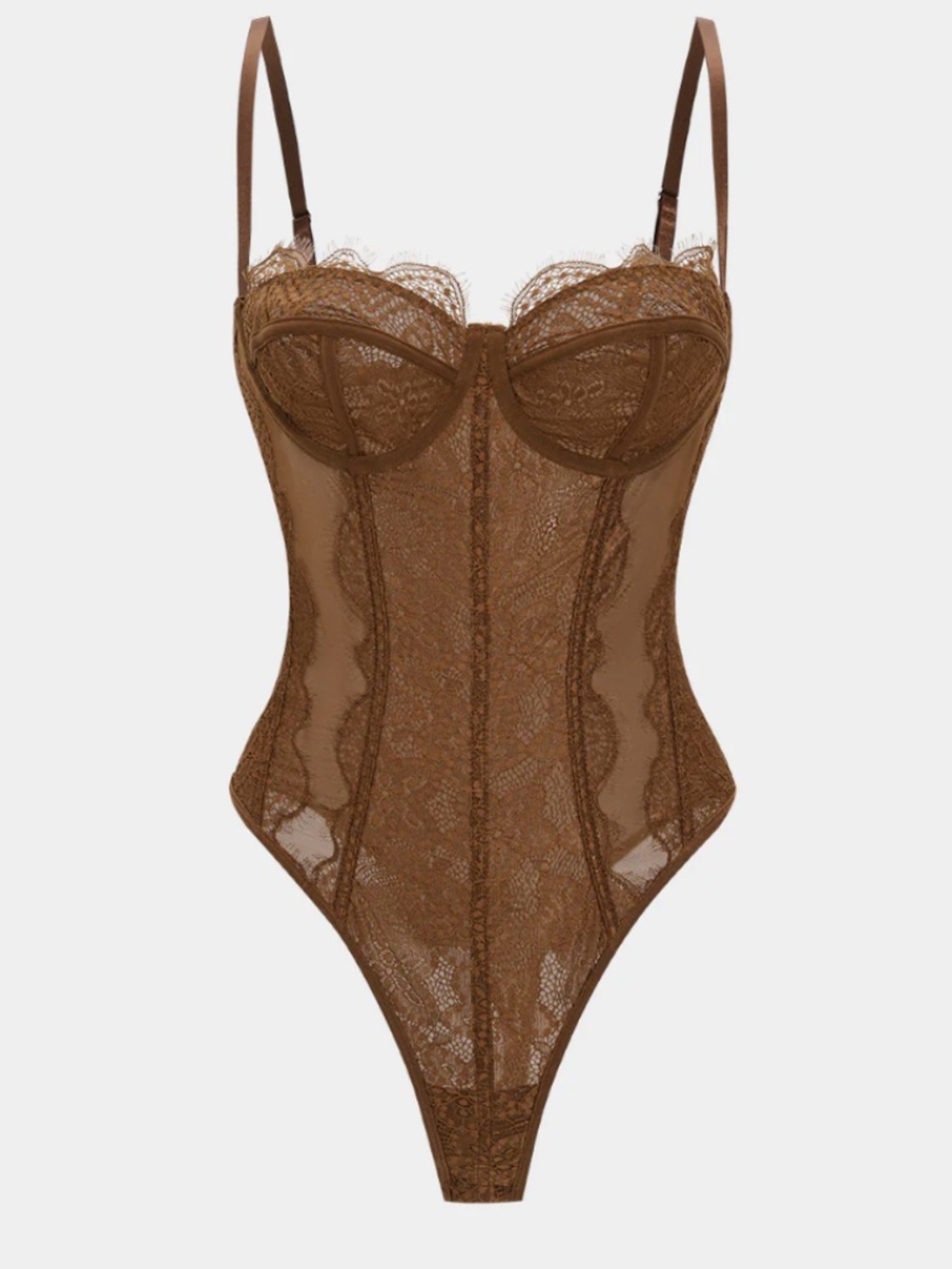 Micas Mesh Sheer Patchwork Bustier Corset slip Sleeveless Bodysuit. Brown Medium